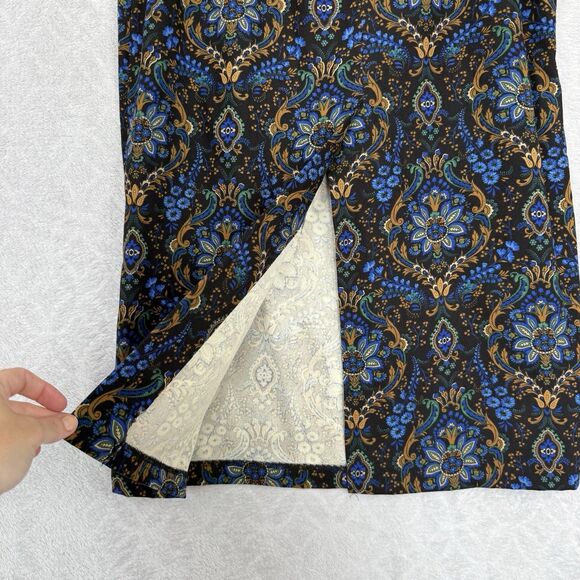 Vtg Midi Skirt 12 Blue Gold Damask Academia Old Money Modest Grunge Boho 90s Y2K - Picture 5 of 10